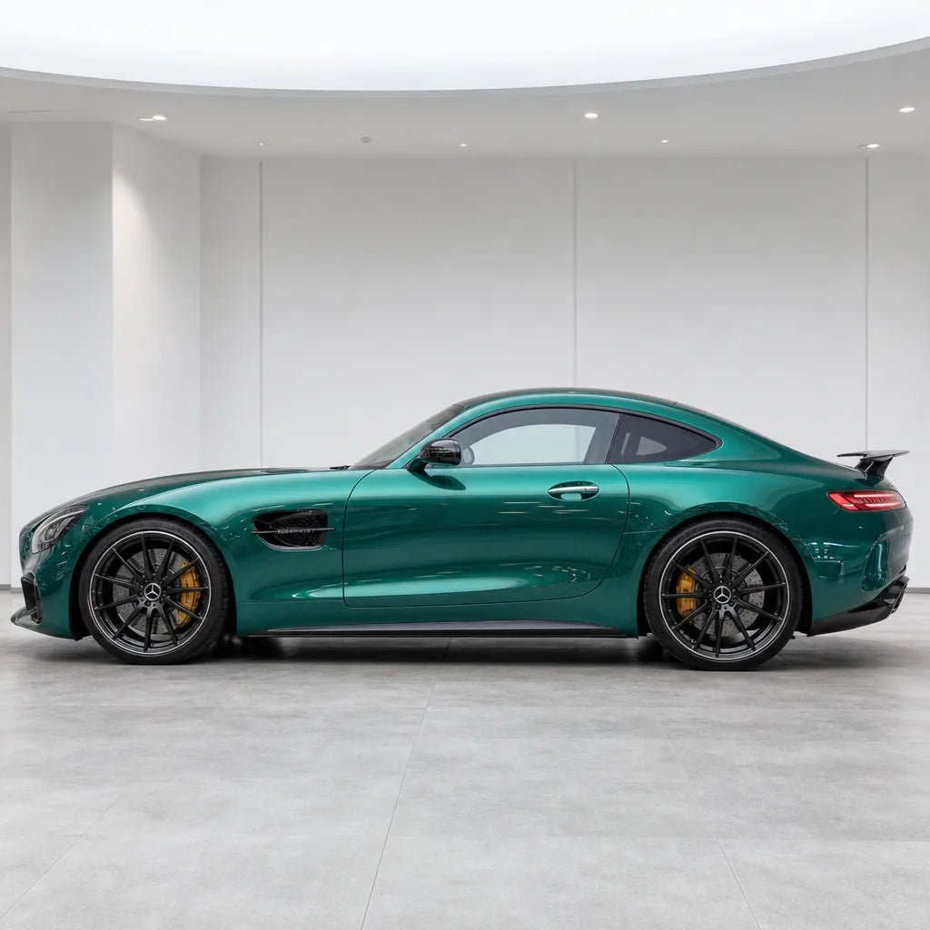 Metallic Jade Elegant Green gloss colored PPF wrapped on a Mercedes-AMG GT side profile | Veloro