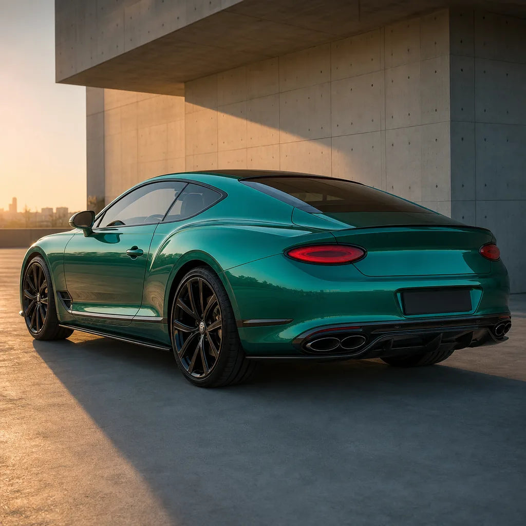 Luxury car wrapped in Metallic Jade Elegant Green gloss colored PPF at golden hour | Veloro