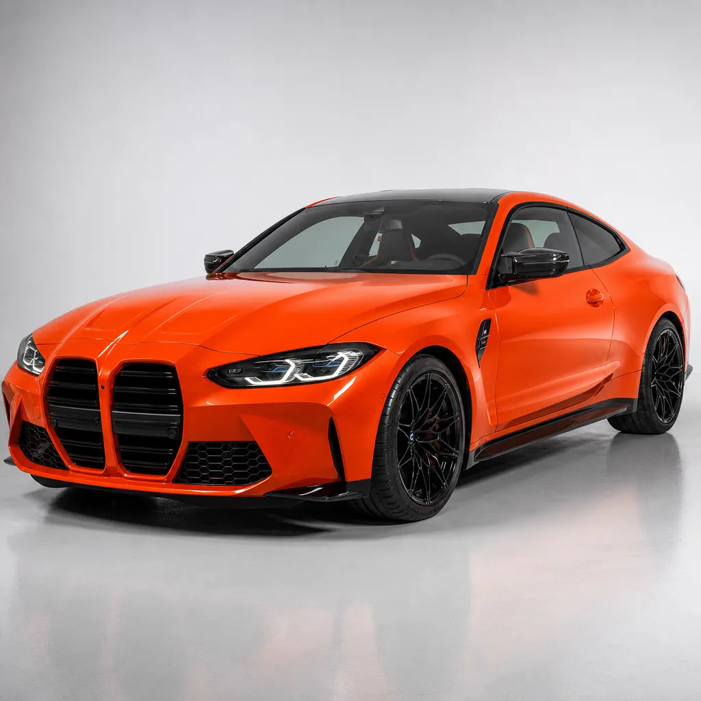 Metallic Lava Orange gloss colored PPF wrapped on a BMW M4 | Veloro