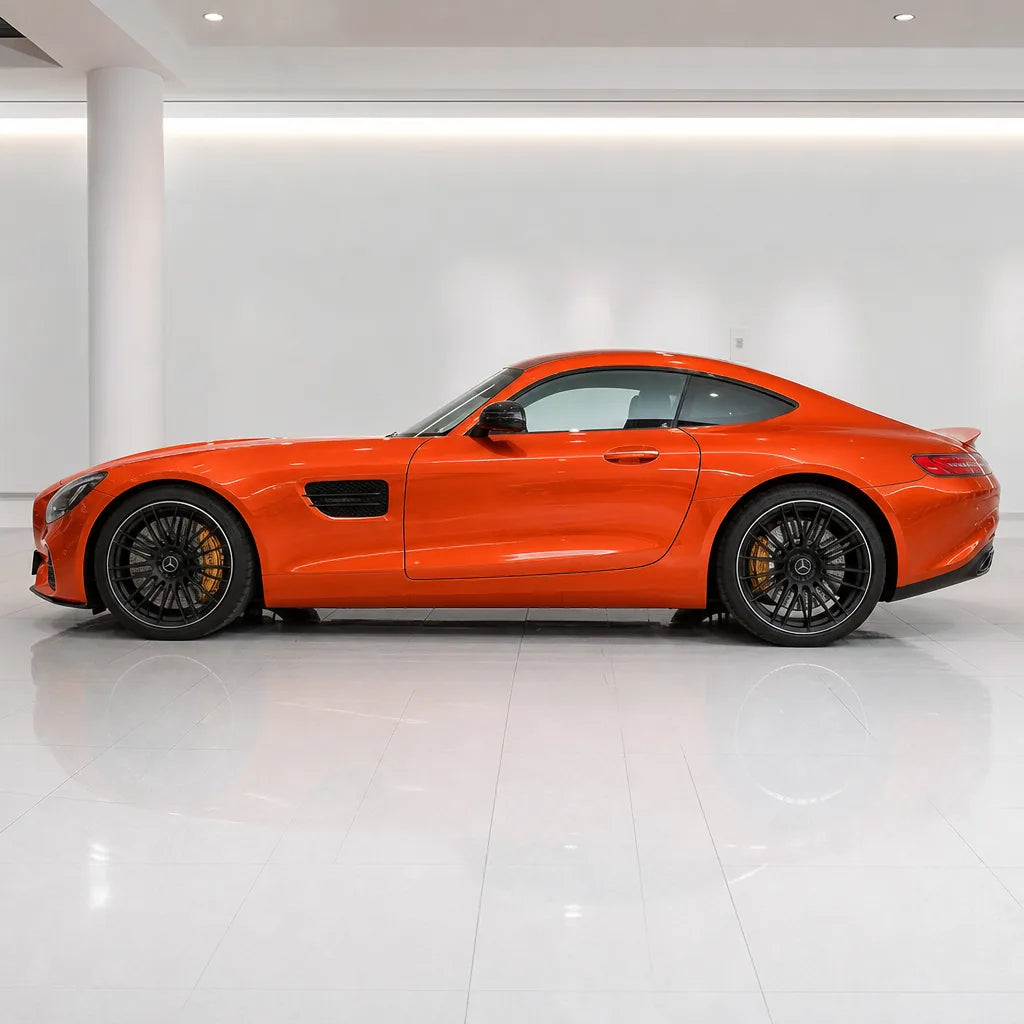 Metallic Lava Orange gloss colored PPF wrapped on a Mercedes-AMG GT side profile | Veloro