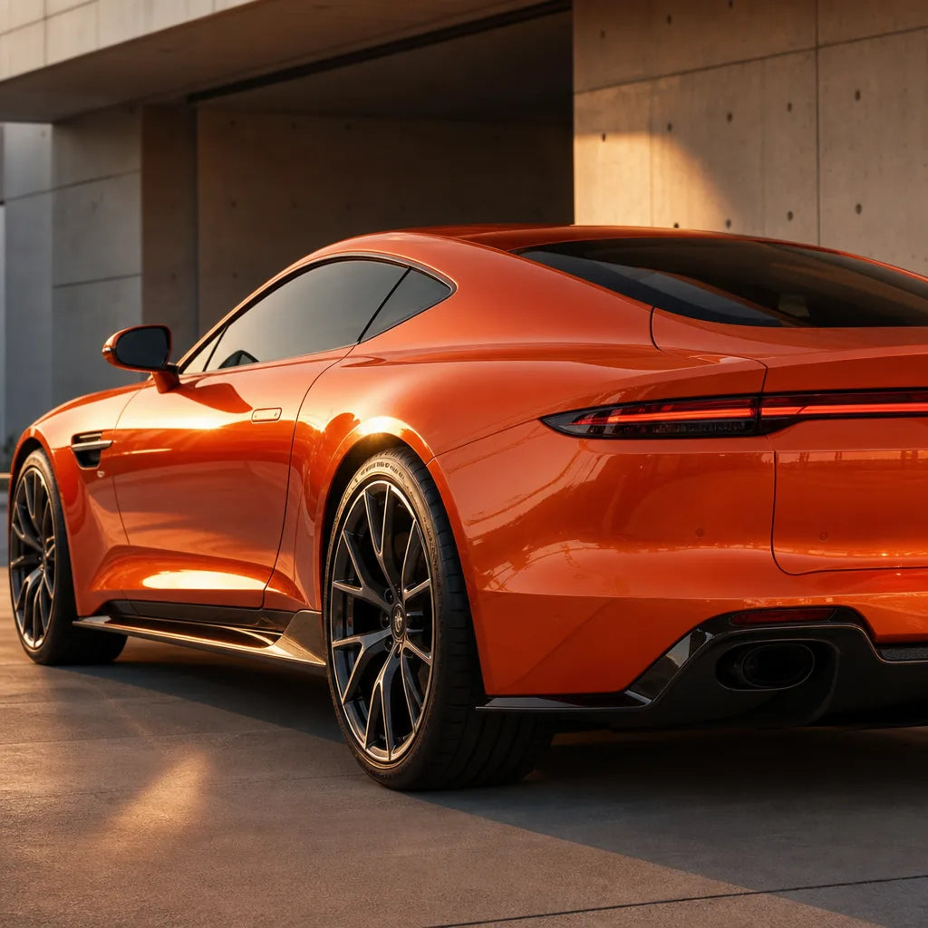 Luxury car wrapped in Metallic Lava Orange gloss colored PPF at golden hour | Veloro