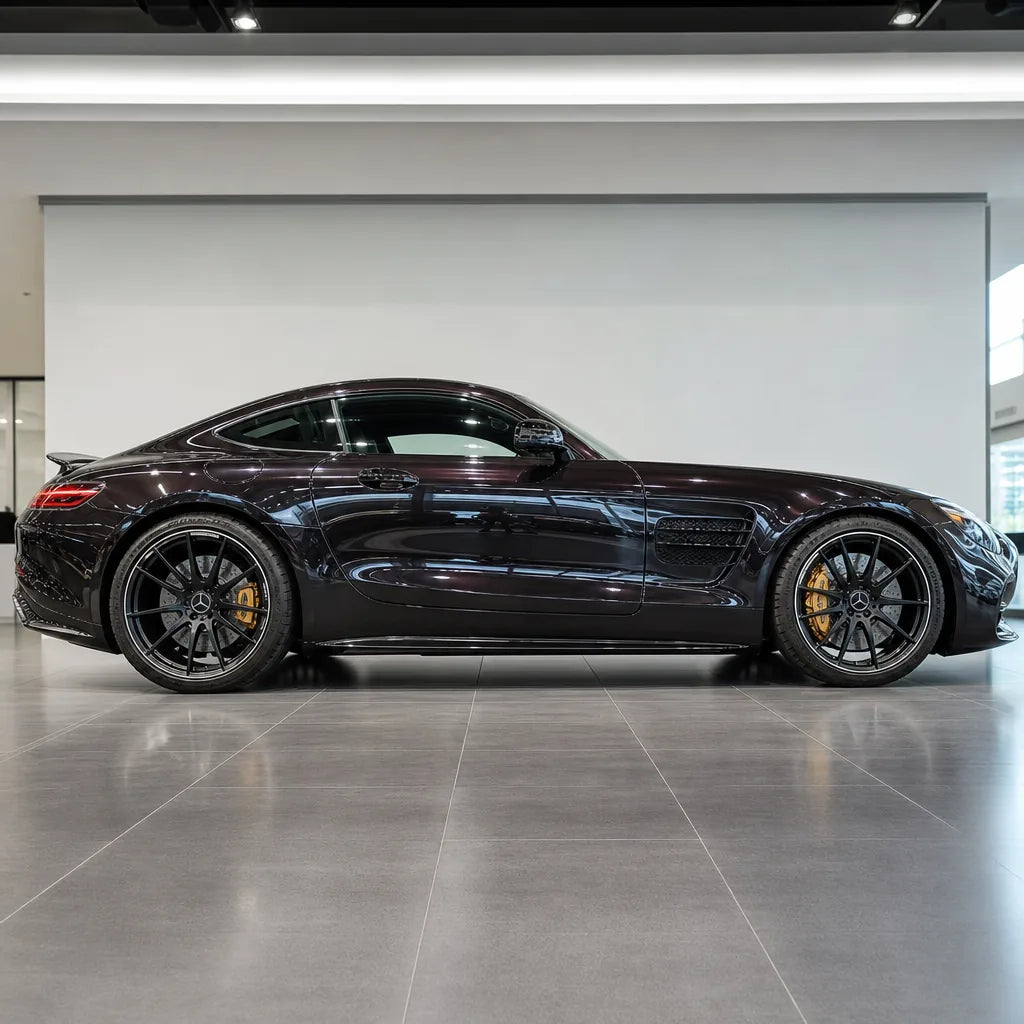 Metallic Librae Purple gloss colored PPF wrapped on a Mercedes-AMG GT side profile | Veloro