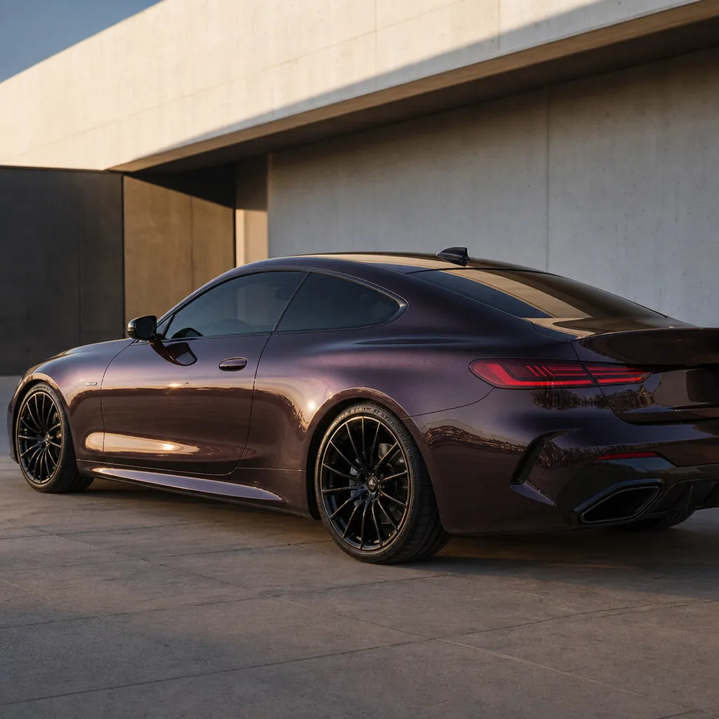 Luxury car wrapped in Metallic Librae Purple gloss colored PPF at golden hour | Veloro