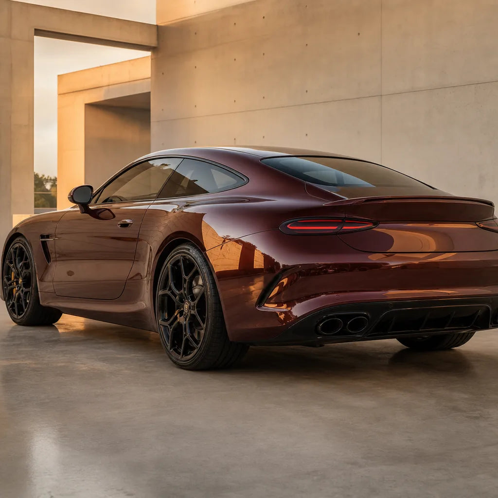 Luxury car wrapped in Metallic Liquid Coffee Brown gloss colored PPF at golden hour | Veloro