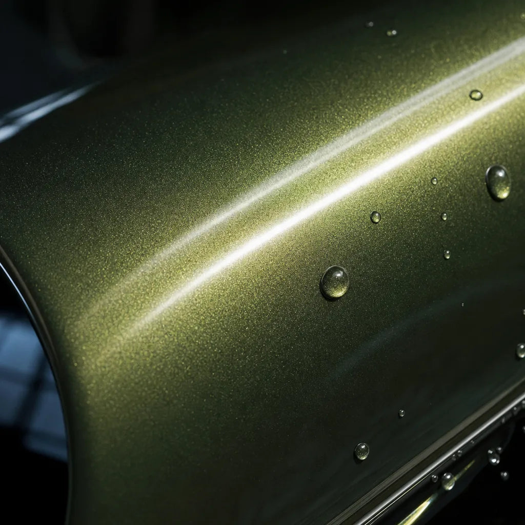Close-up of Metallic Mamba Green gloss colored PPF surface texture | Veloro
