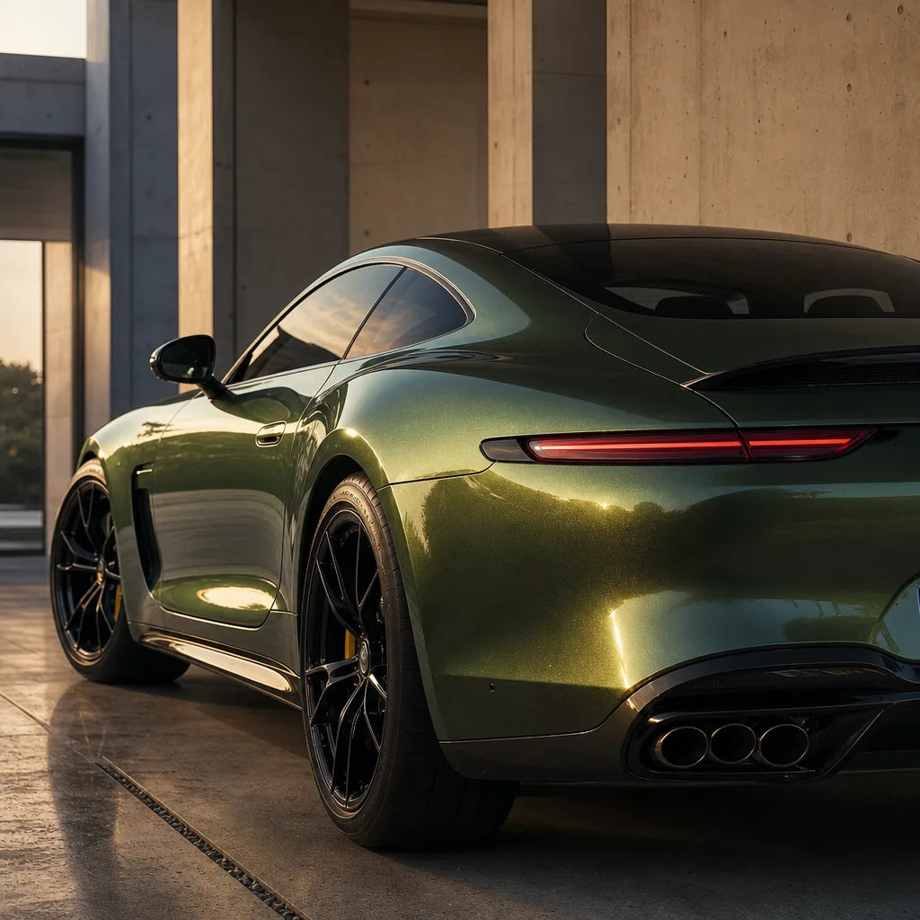 Luxury car wrapped in Metallic Mamba Green gloss colored PPF at golden hour | Veloro