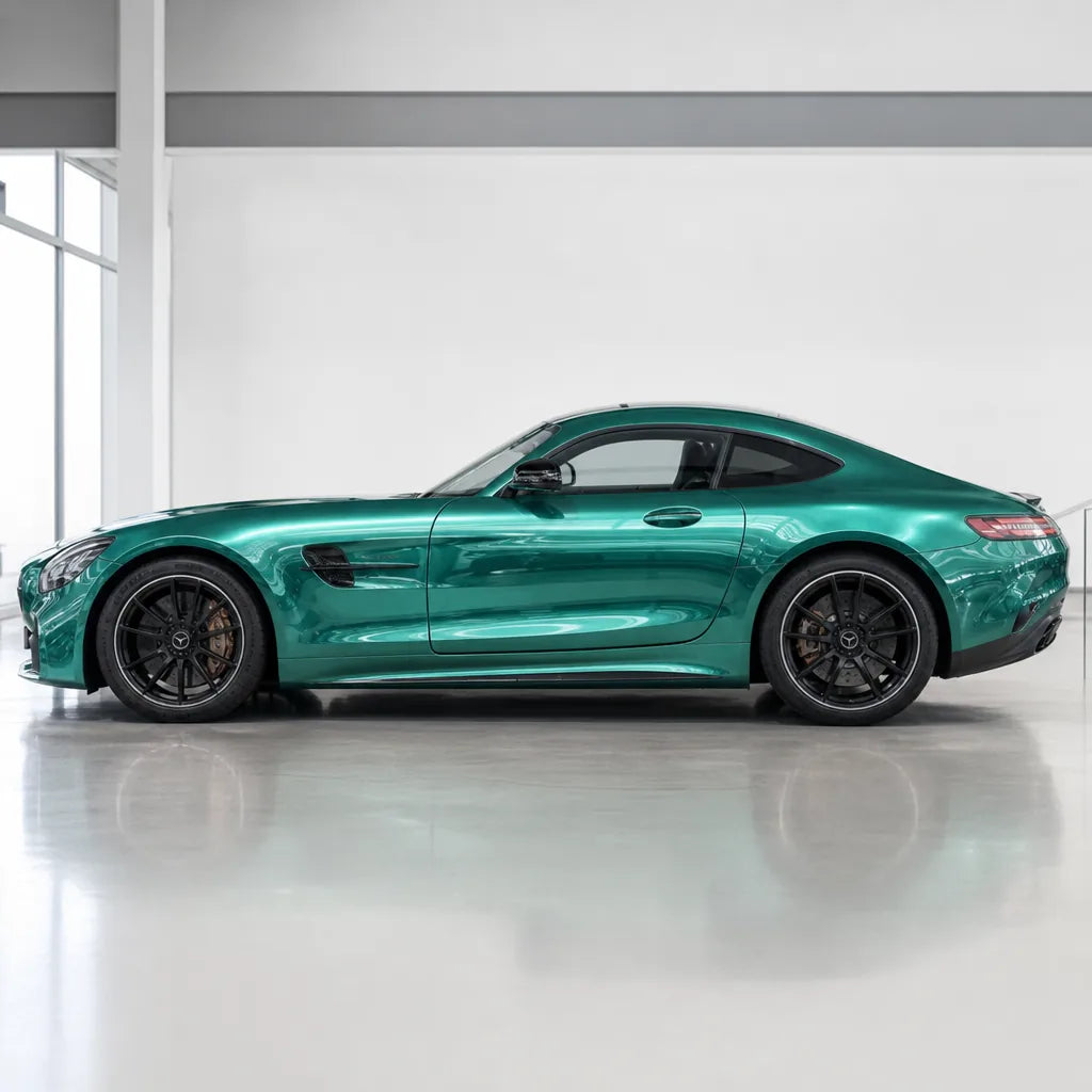Metallic Martin Racing Green gloss colored PPF wrapped on a Mercedes-AMG GT side profile | Veloro