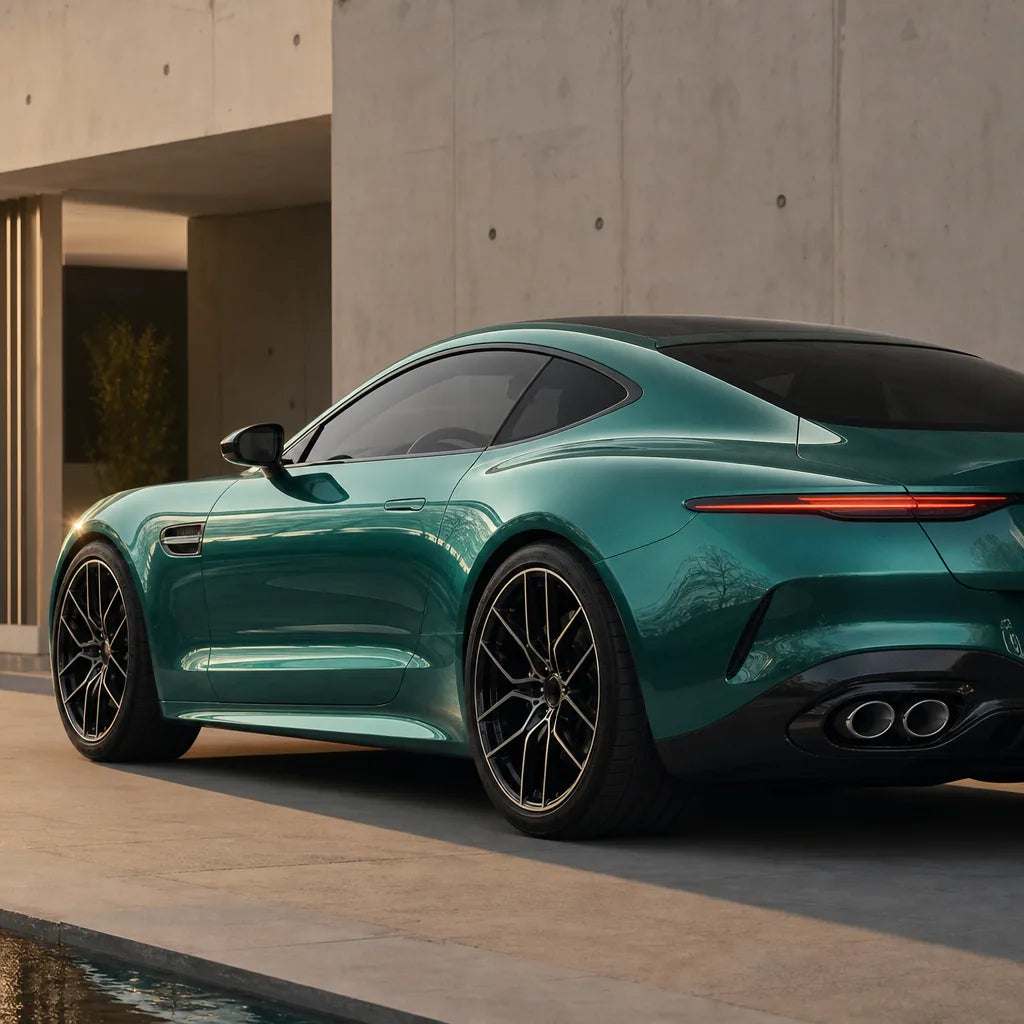 Luxury car wrapped in Metallic Martin Racing Green gloss colored PPF at golden hour | Veloro