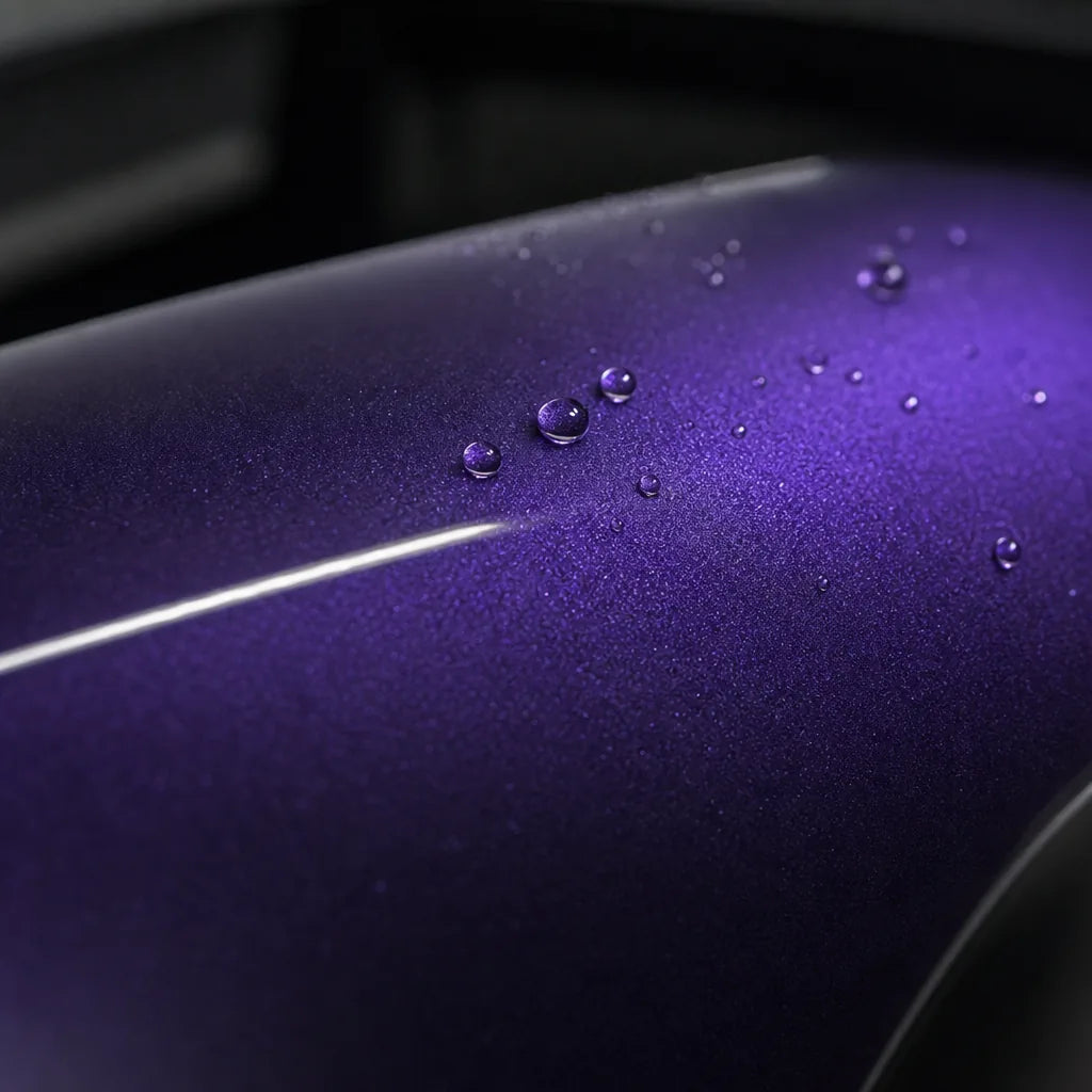 Close-up of Metallic Marvelli Purple gloss colored PPF surface texture | Veloro