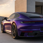 Luxury car wrapped in Metallic Marvelli Purple gloss colored PPF at golden hour | Veloro