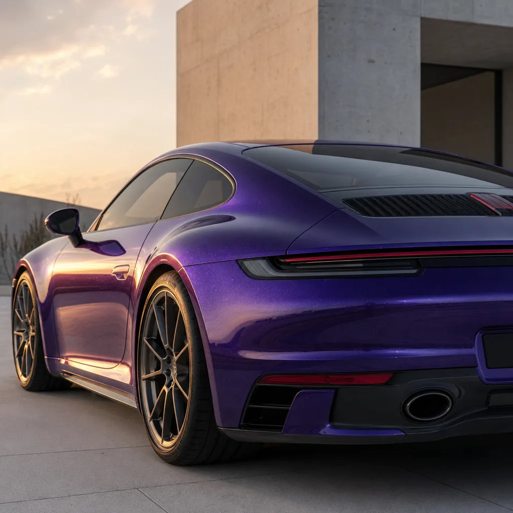 Luxury car wrapped in Metallic Marvelli Purple gloss colored PPF at golden hour | Veloro