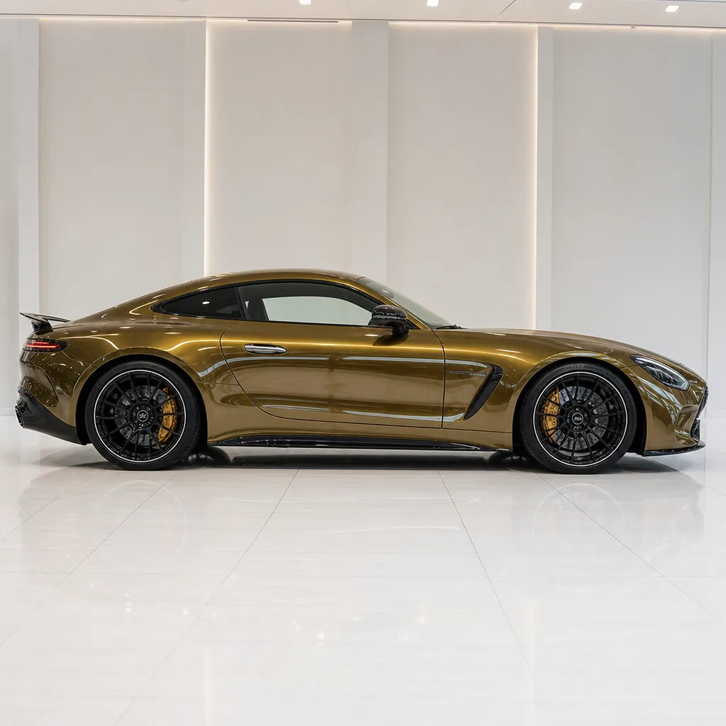Metallic Midnight Gold gloss colored PPF wrapped on a Mercedes-AMG GT side profile | Veloro