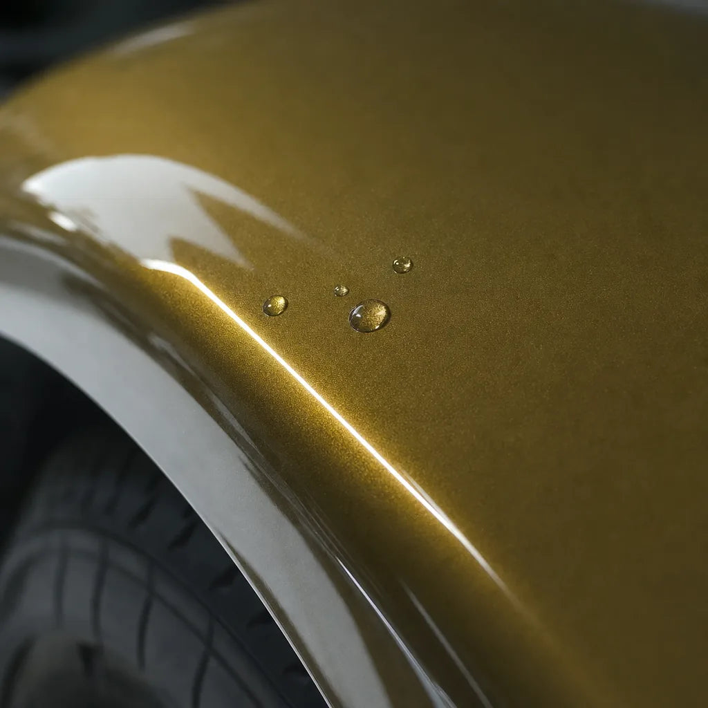Close-up of Metallic Midnight Gold gloss colored PPF surface texture | Veloro