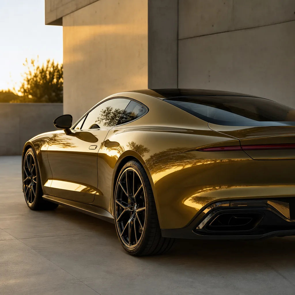 Luxury car wrapped in Metallic Midnight Gold gloss colored PPF at golden hour | Veloro