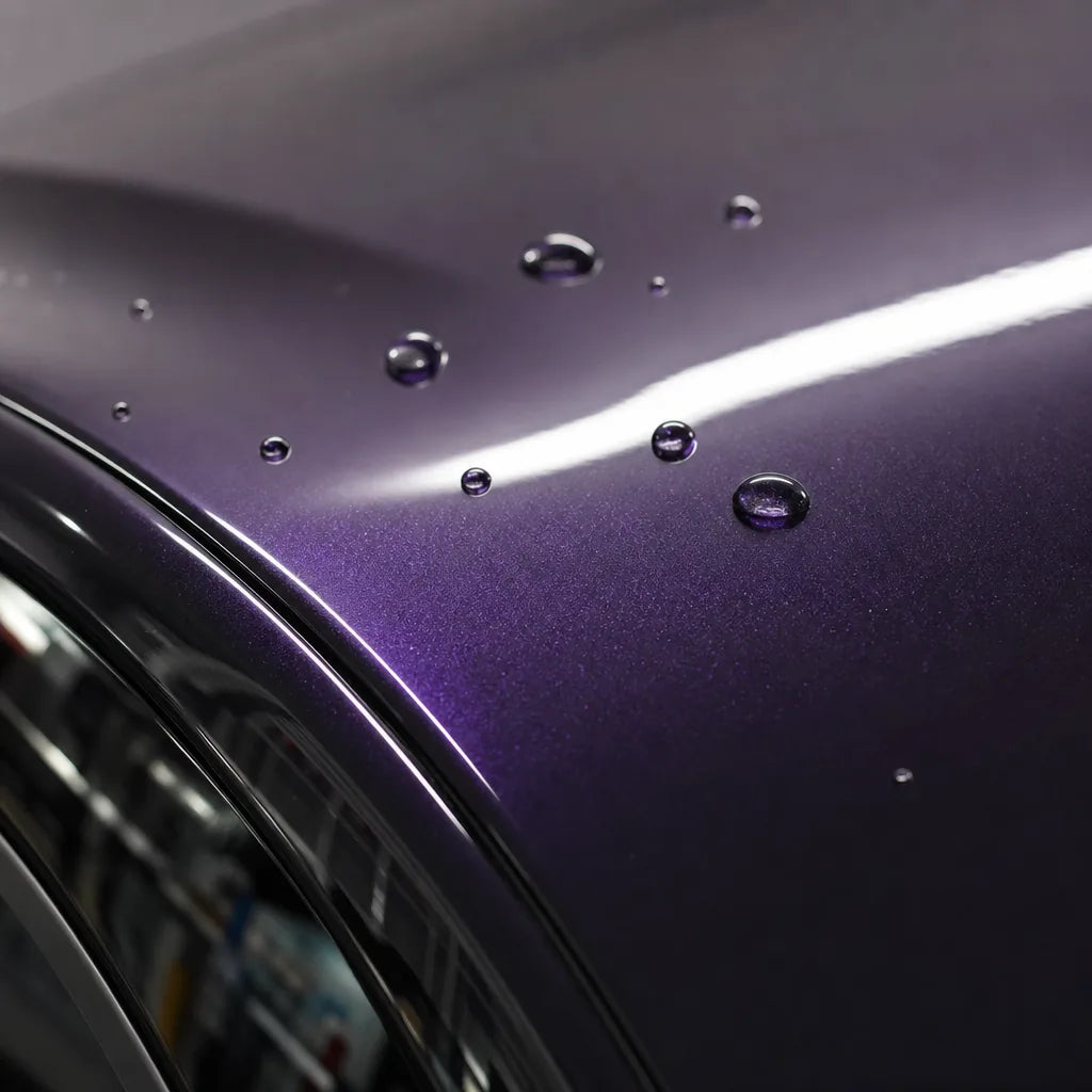 Close-up of Metallic Midnight Purple gloss colored PPF surface texture | Veloro