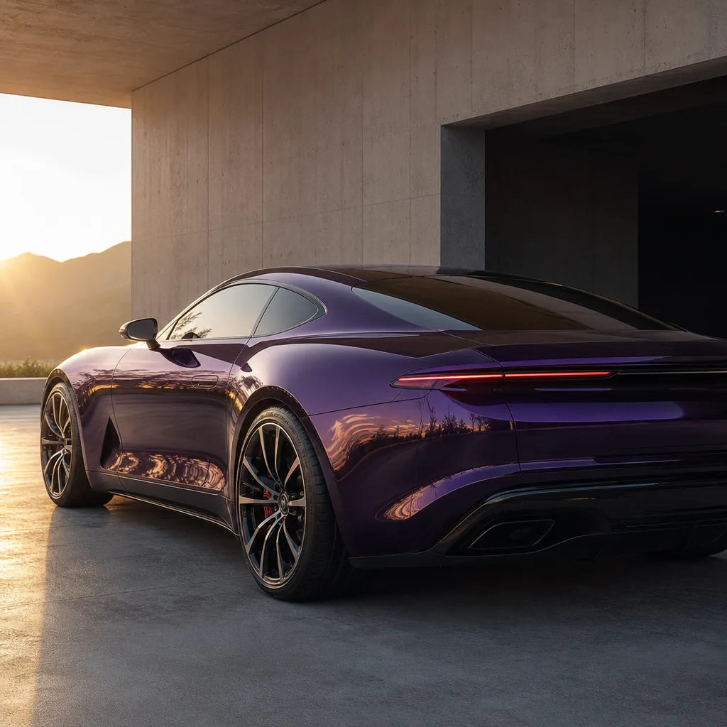 Luxury car wrapped in Metallic Midnight Purple gloss colored PPF at golden hour | Veloro