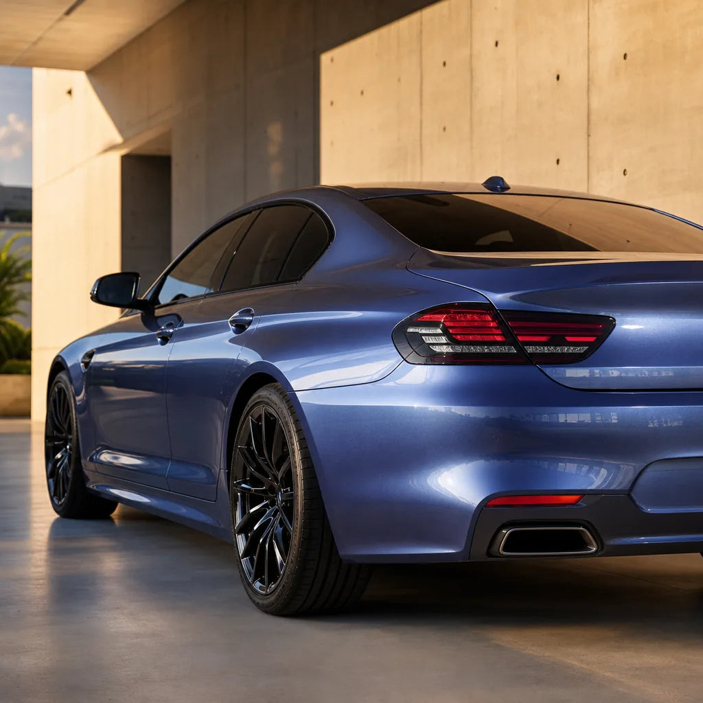 Luxury car wrapped in Metallic Mist Blue gloss colored PPF at golden hour | Veloro