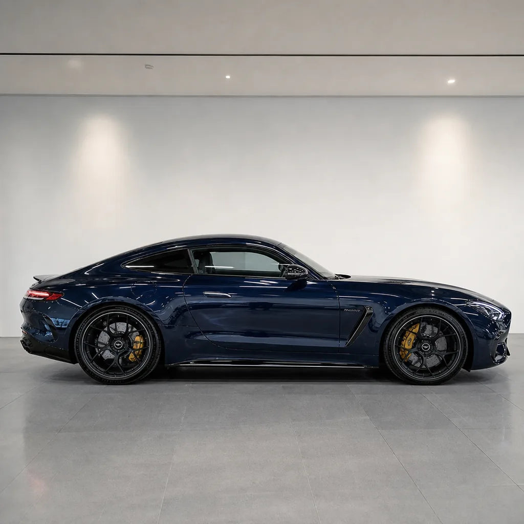 Metallic Montego Blue gloss colored PPF wrapped on a Mercedes-AMG GT side profile | Veloro