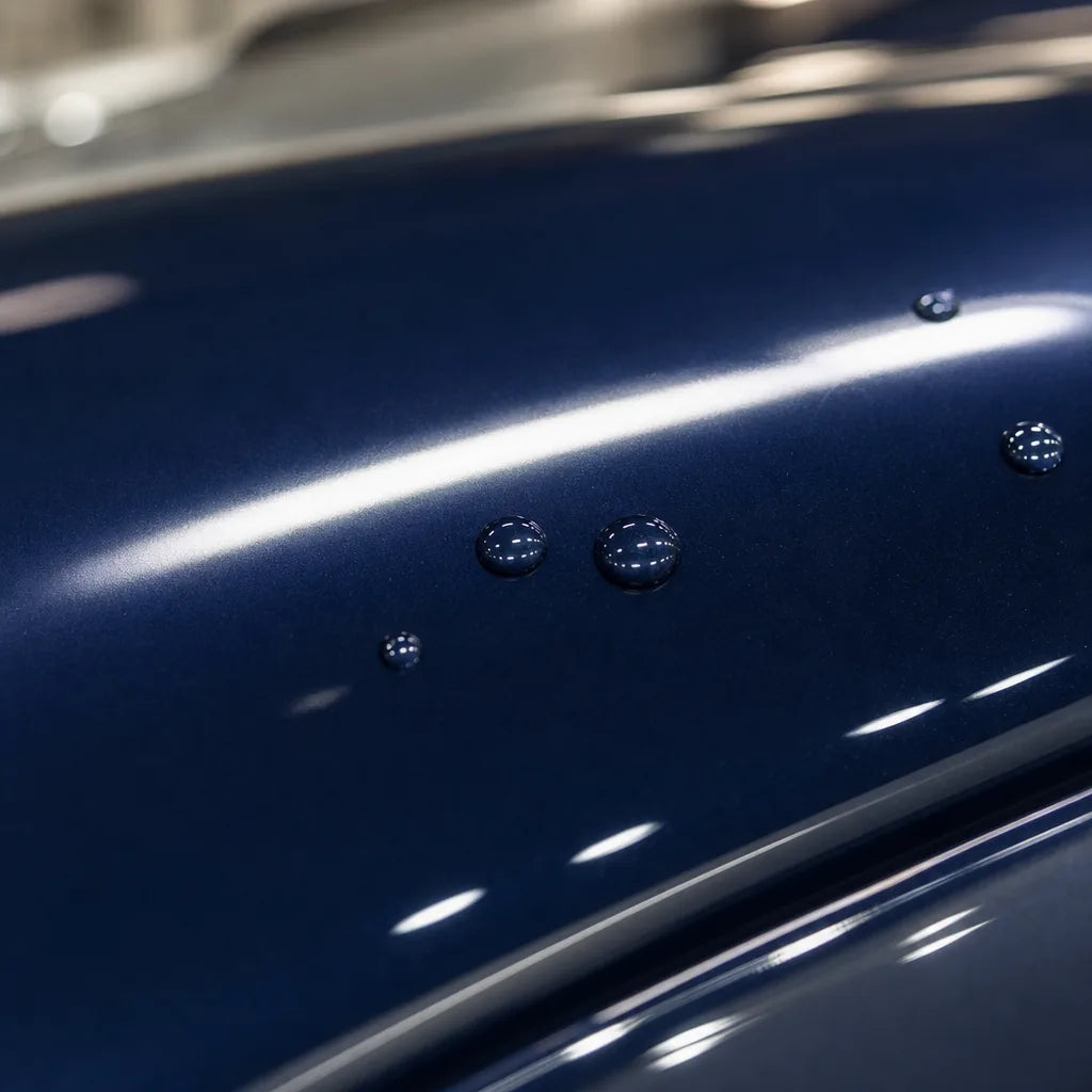 Close-up of Metallic Montego Blue gloss colored PPF surface texture | Veloro