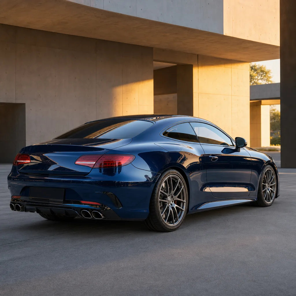 Luxury car wrapped in Metallic Montego Blue gloss colored PPF at golden hour | Veloro