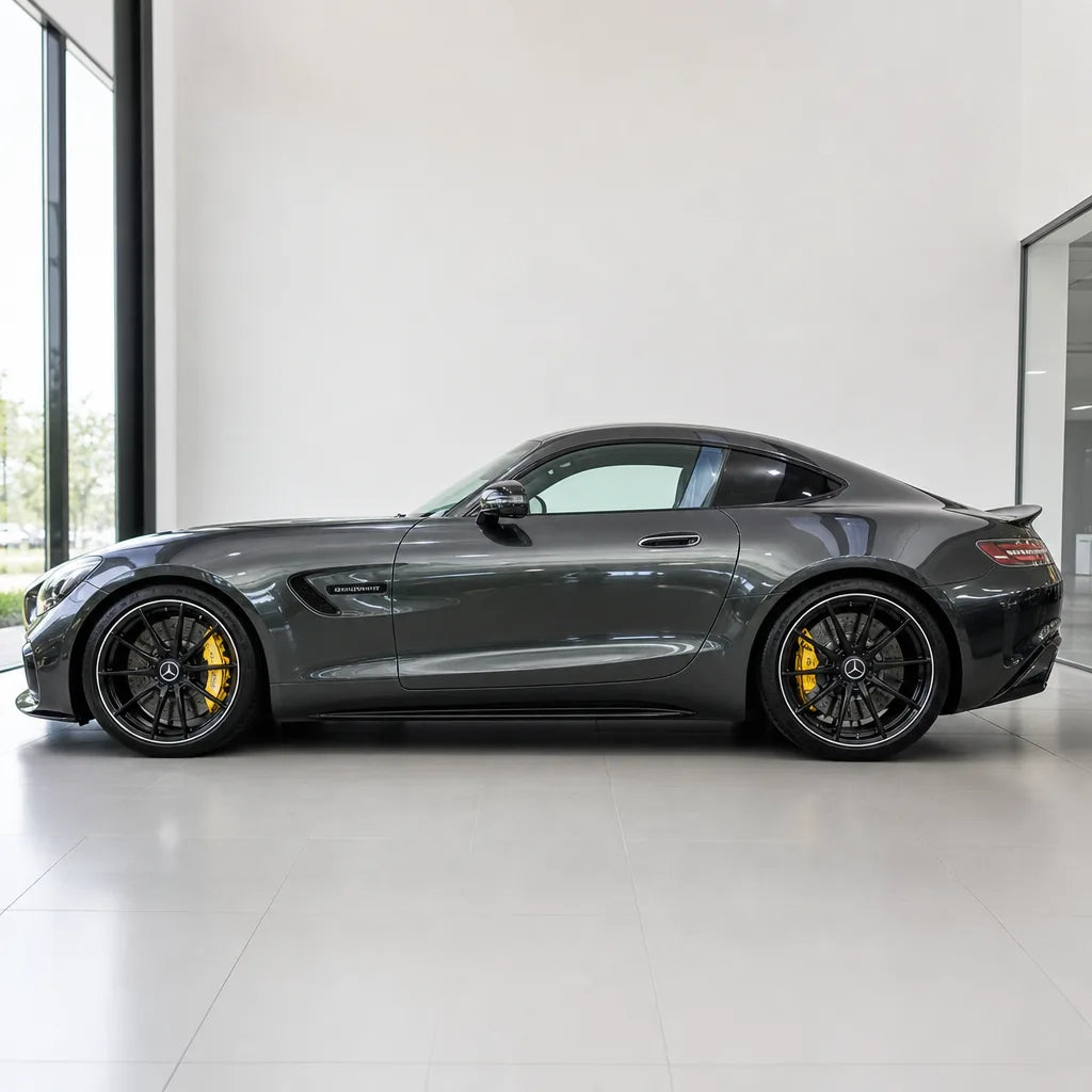 Metallic Moonlight Stone Grey gloss colored PPF wrapped on a Mercedes-AMG GT side profile | Veloro