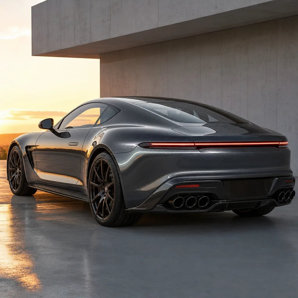 Luxury car wrapped in Metallic Moonlight Stone Grey gloss colored PPF at golden hour | Veloro