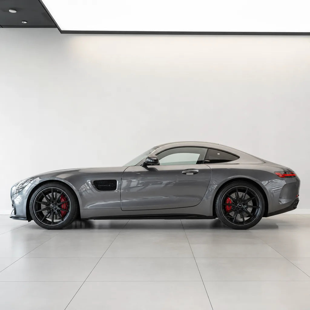 Metallic Mountain Grey gloss colored PPF wrapped on a Mercedes-AMG GT side profile | Veloro