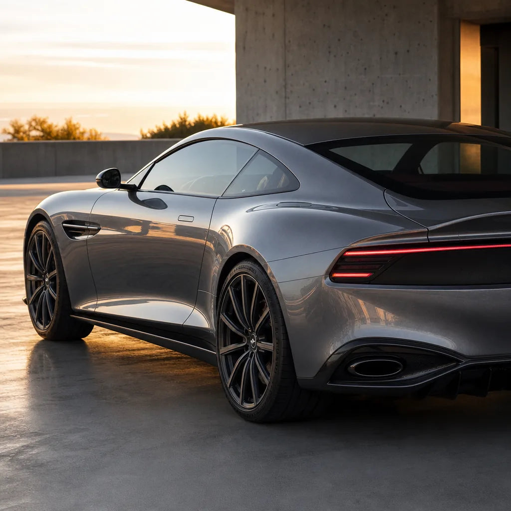 Luxury car wrapped in Metallic Mountain Grey gloss colored PPF at golden hour | Veloro