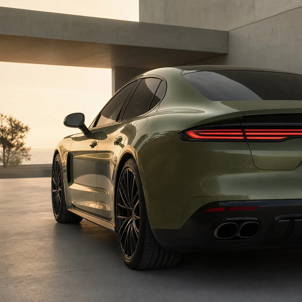 Luxury car wrapped in Metallic Olive Green gloss colored PPF at golden hour | Veloro