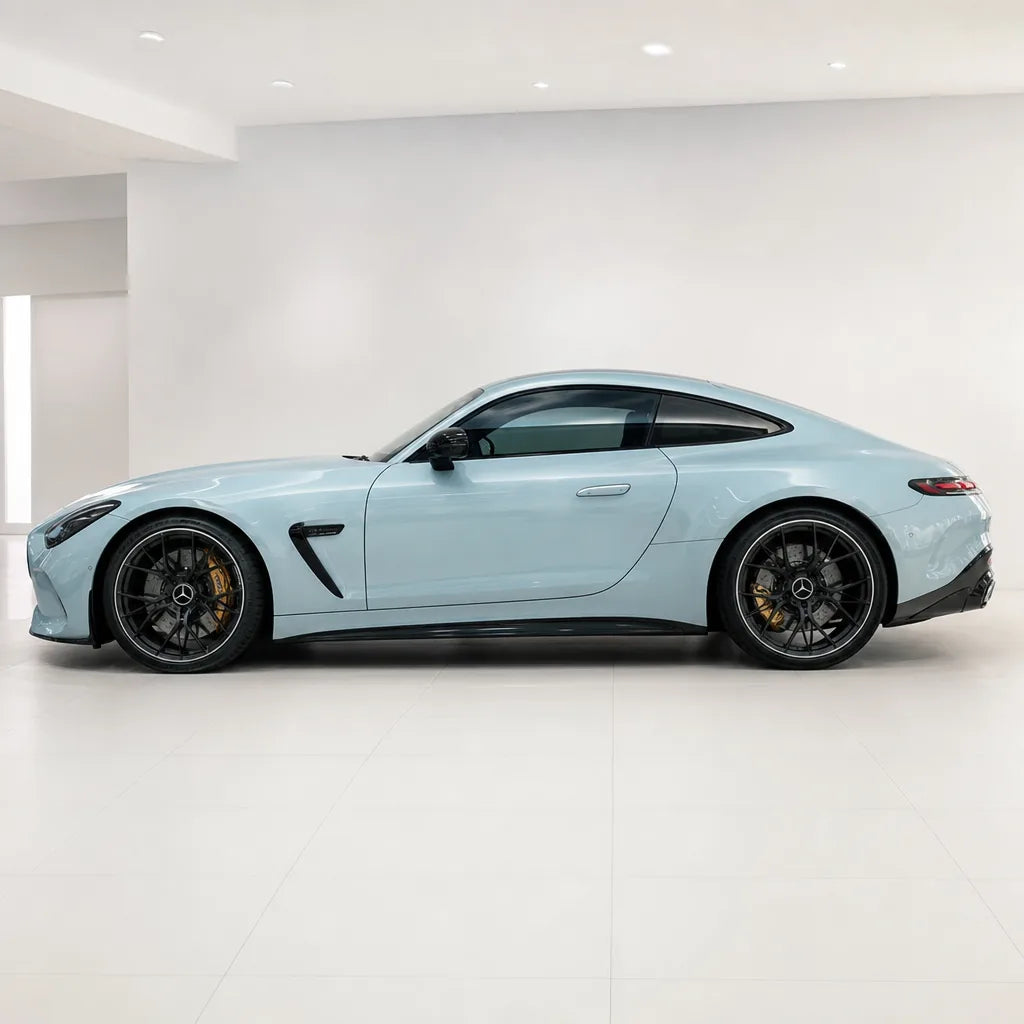 Metallic Paint Glacier Blue gloss colored PPF wrapped on a Mercedes-AMG GT side profile | Veloro