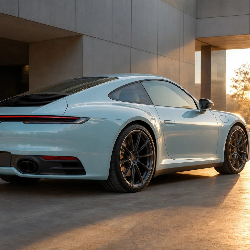 Luxury car wrapped in Metallic Paint Glacier Blue gloss colored PPF at golden hour | Veloro