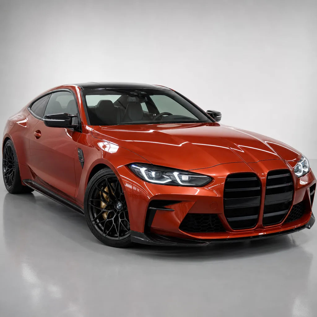 Metallic Papaiya Orange gloss colored PPF wrapped on a BMW M4 | Veloro