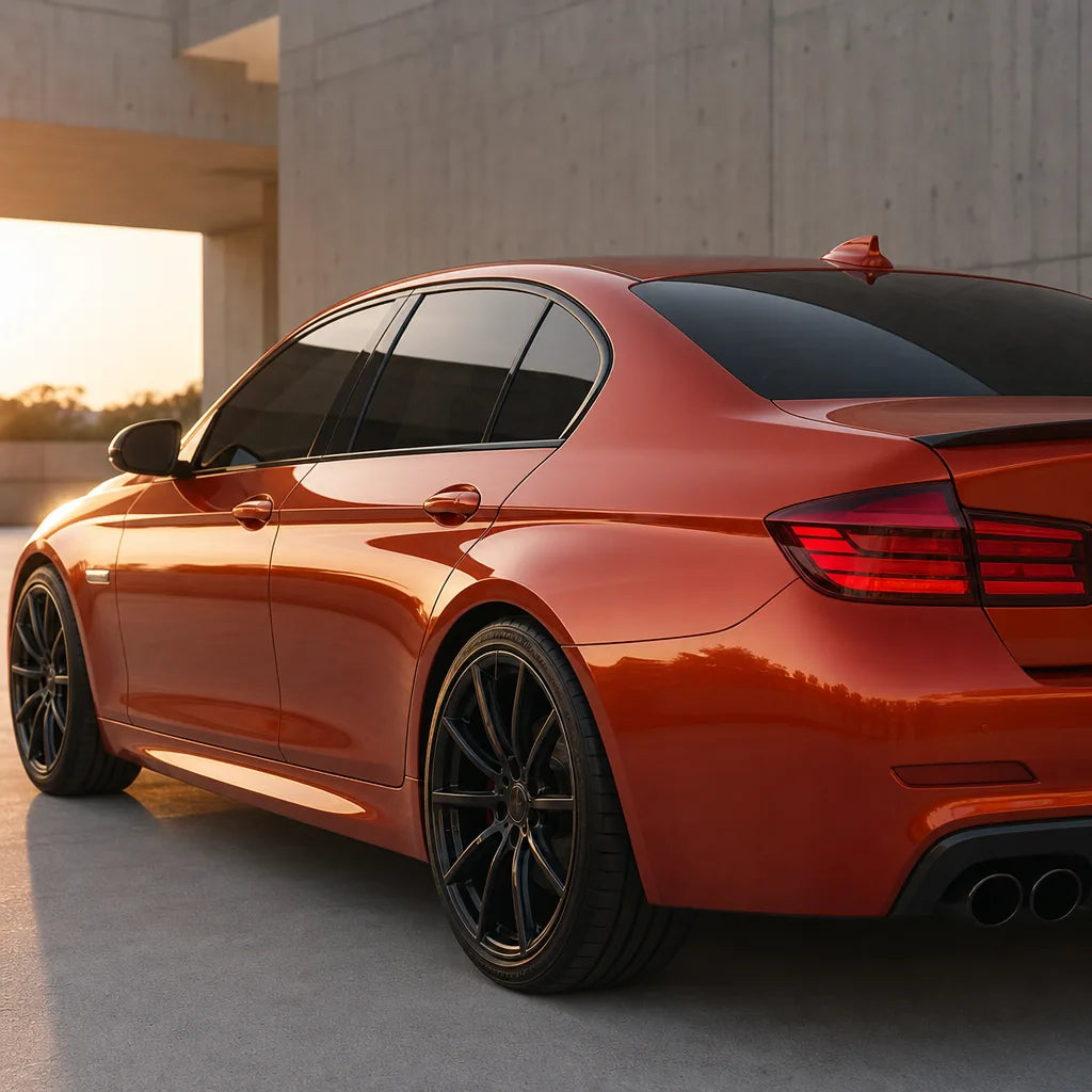 Luxury car wrapped in Metallic Papaiya Orange gloss colored PPF at golden hour | Veloro
