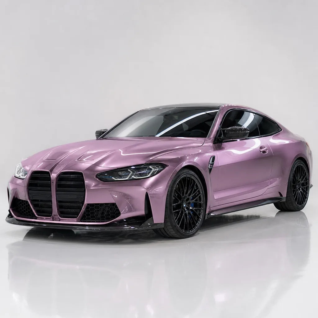 Metallic Passion Pink gloss colored PPF wrapped on a BMW M4 | Veloro