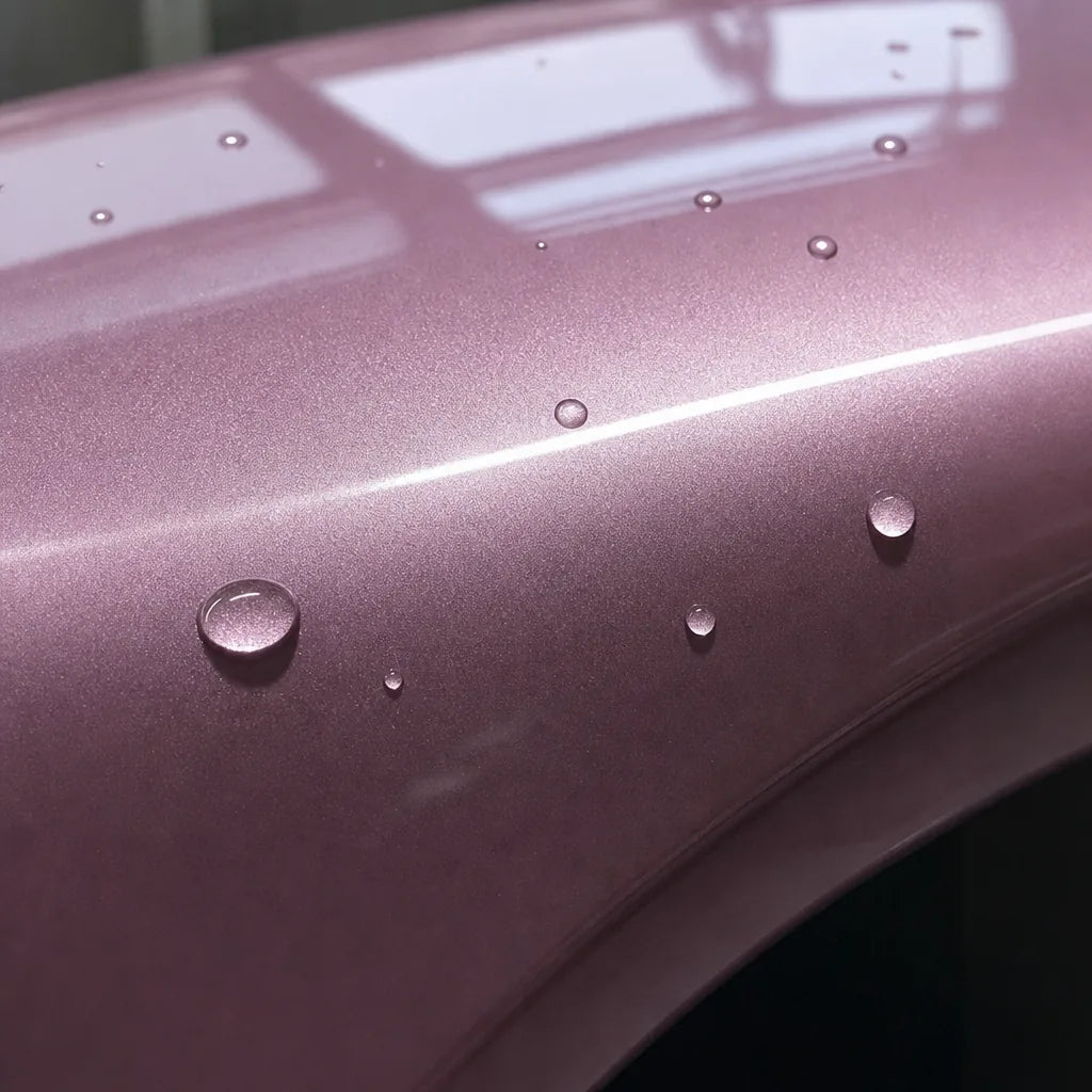 Close-up of Metallic Passion Pink gloss colored PPF surface texture | Veloro