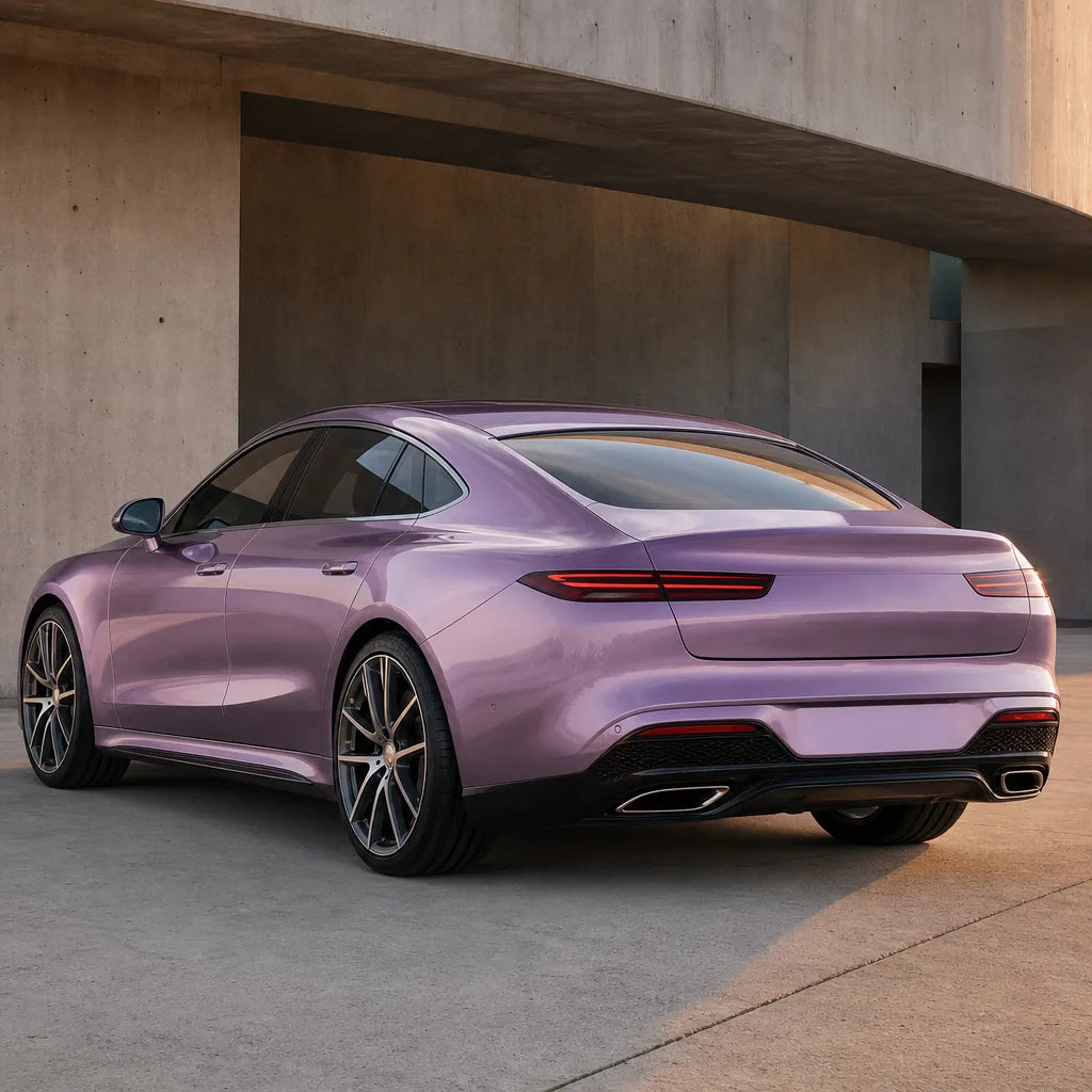 Luxury car wrapped in Metallic Passion Pink gloss colored PPF at golden hour | Veloro