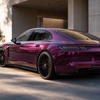 Luxury car wrapped in Metallic Pearl Purple gloss colored PPF at golden hour | Veloro