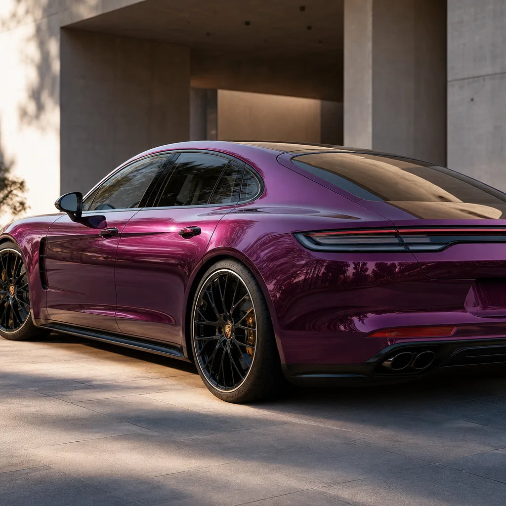 Luxury car wrapped in Metallic Pearl Purple gloss colored PPF at golden hour | Veloro