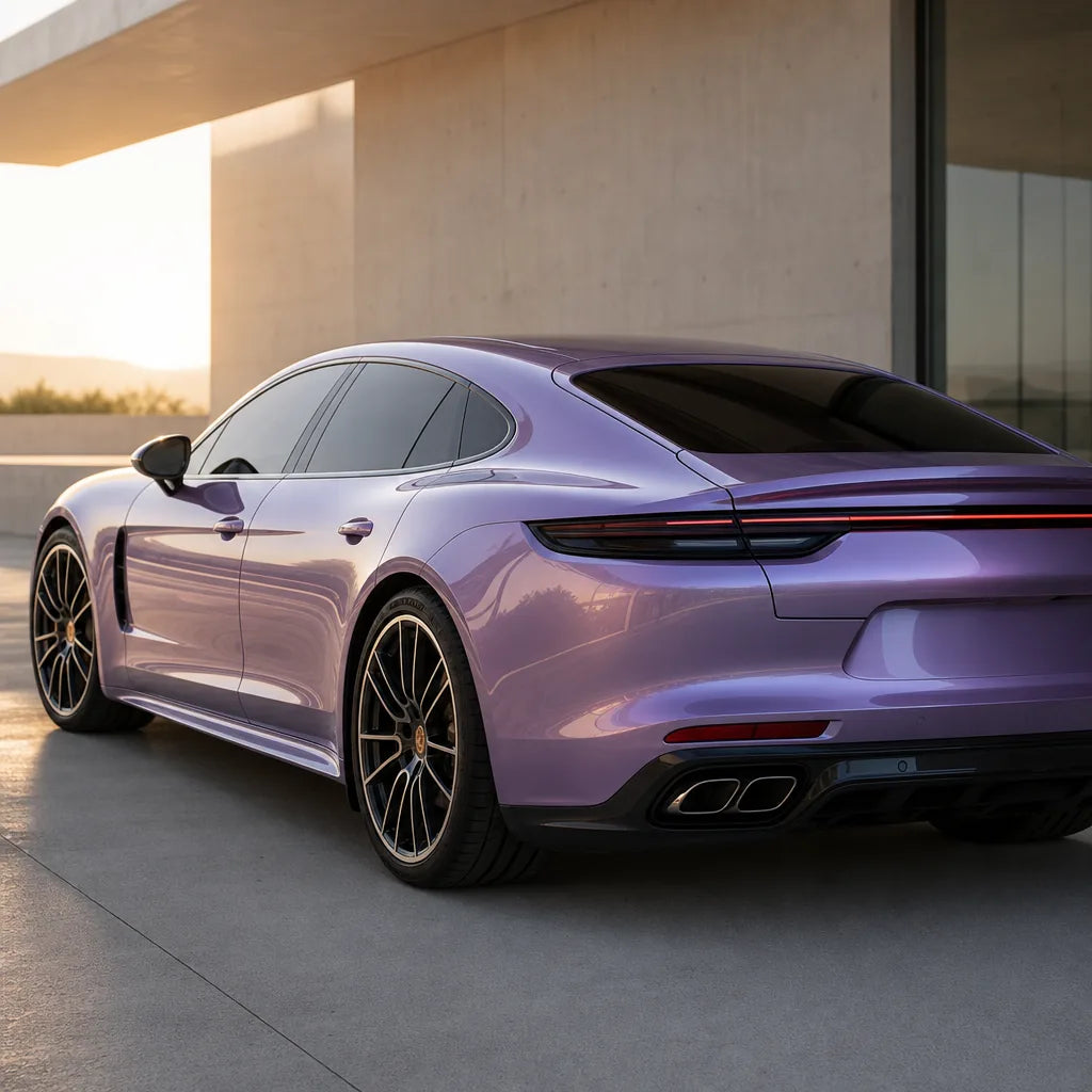 Luxury car wrapped in Metallic Periwinkle Purple gloss colored PPF at golden hour | Veloro