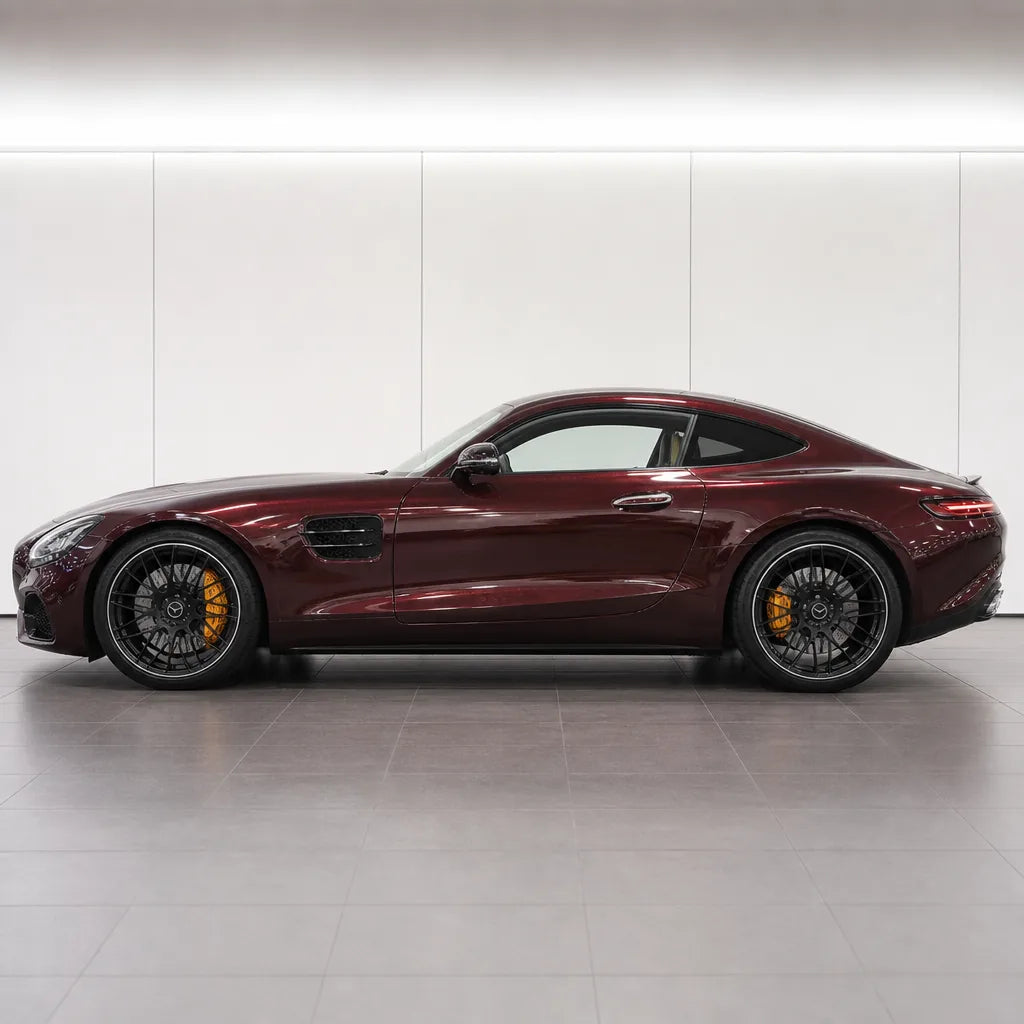 Metallic Plum Red gloss colored PPF wrapped on a Mercedes-AMG GT side profile | Veloro