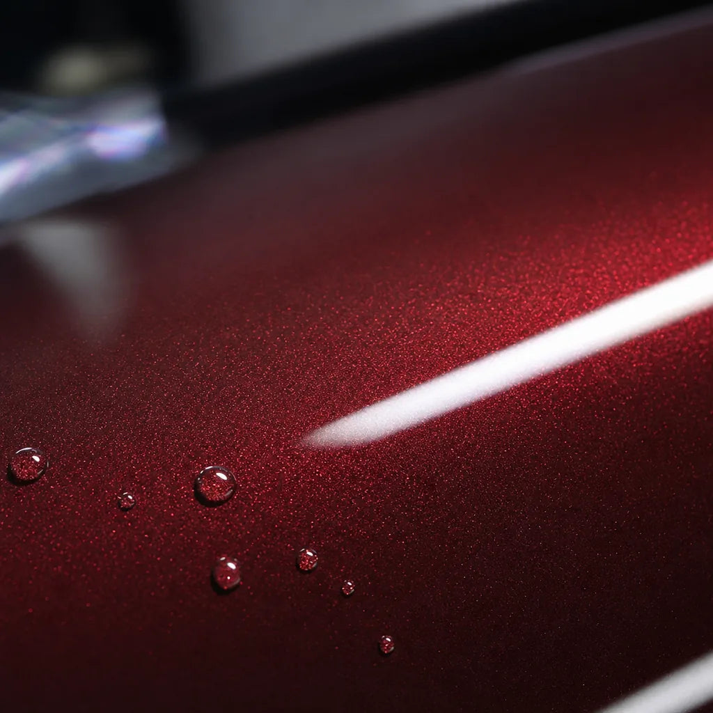 Close-up of Metallic Plum Red gloss colored PPF surface texture | Veloro