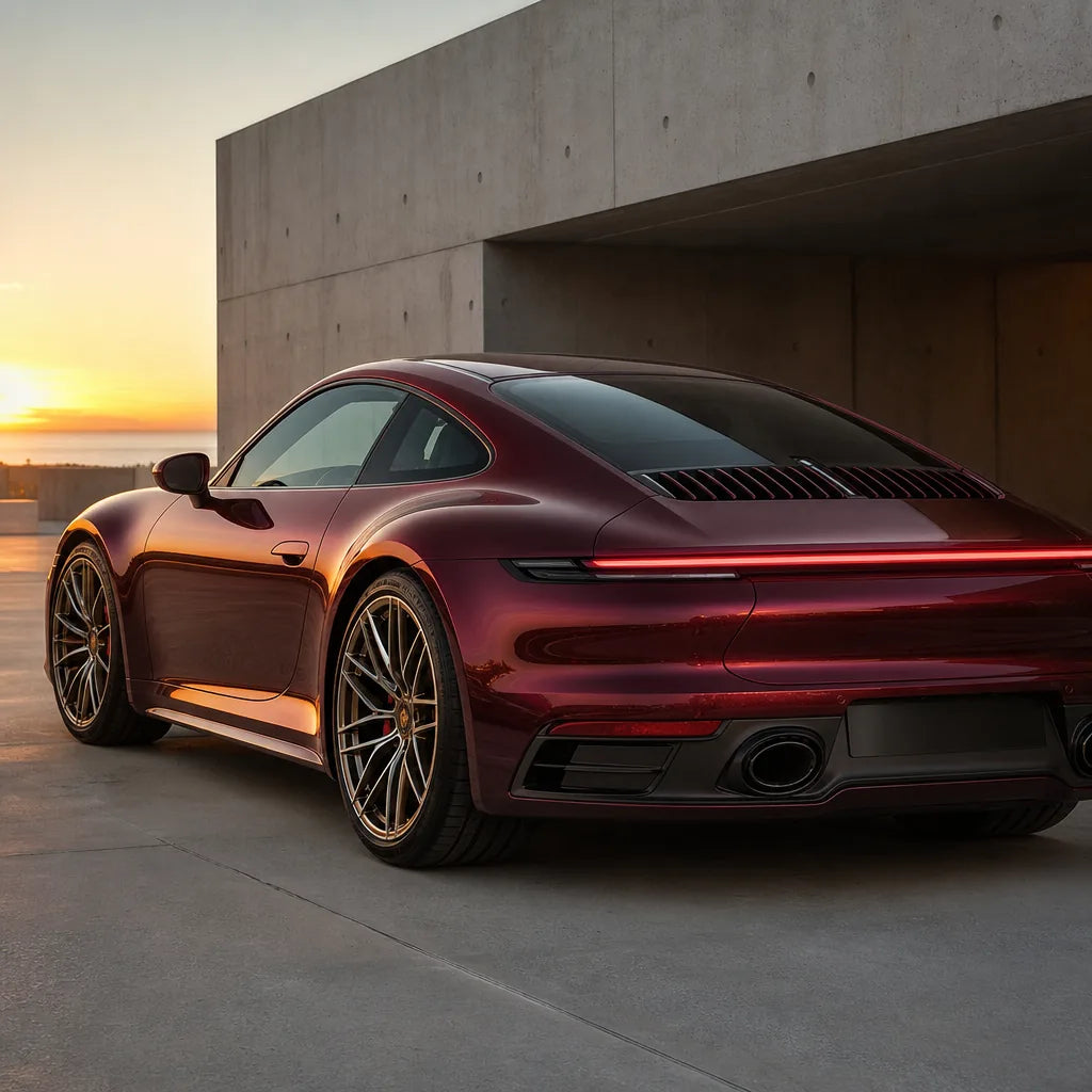 Luxury car wrapped in Metallic Plum Red gloss colored PPF at golden hour | Veloro