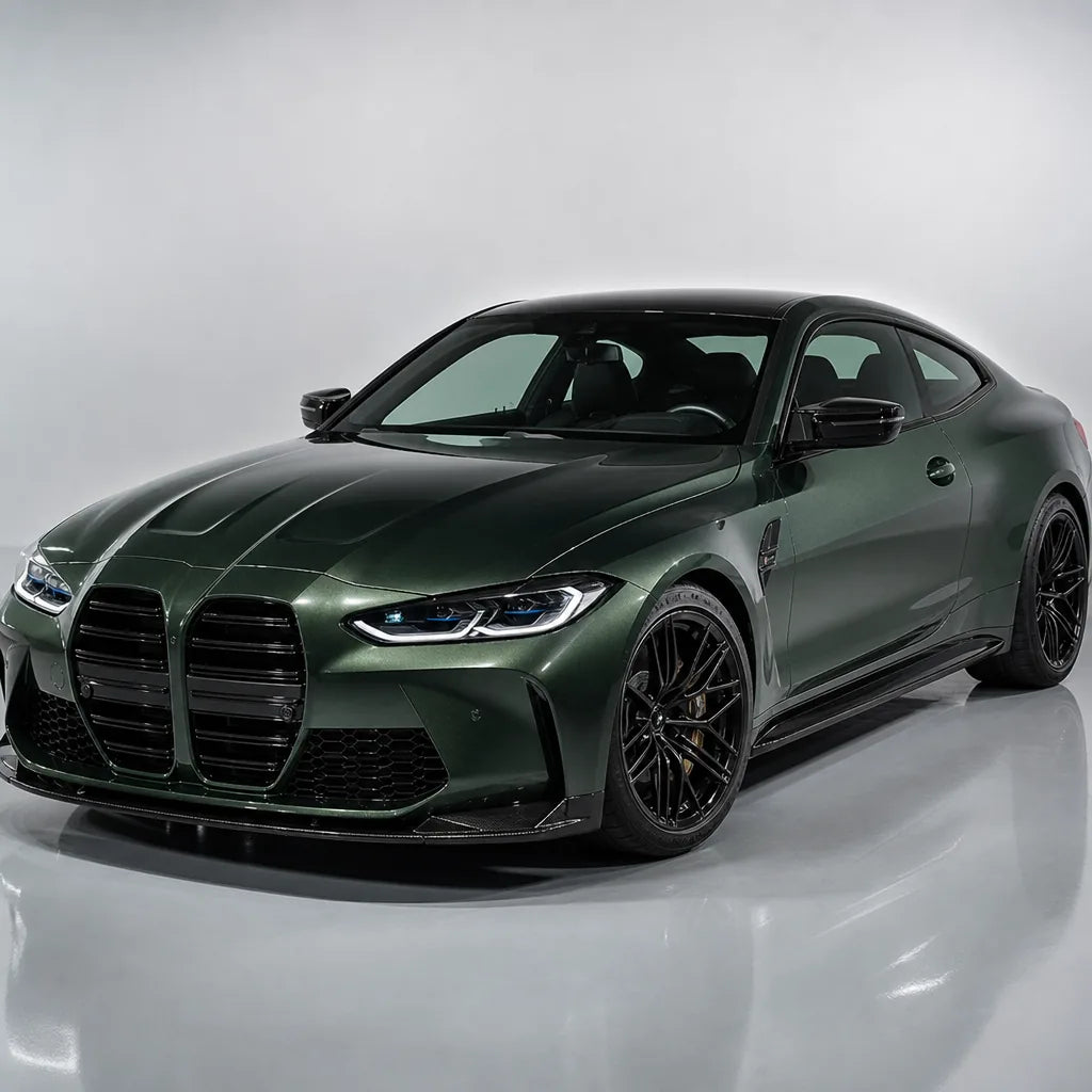 Metallic Porsche Oak Green gloss colored PPF wrapped on a BMW M4 | Veloro