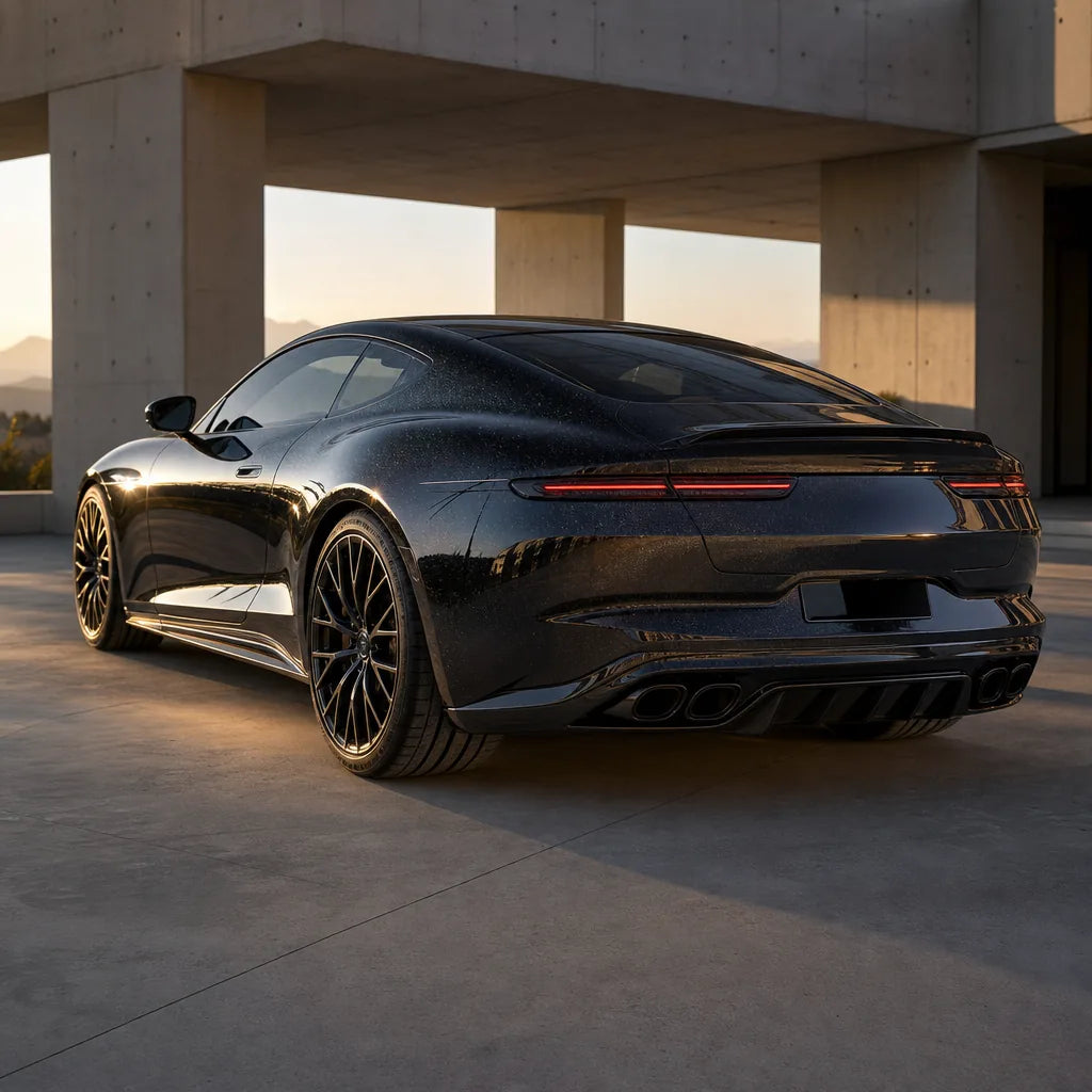 Luxury car wrapped in Metallic Rainbow Laser Black Color PPF gloss colored PPF at golden hour | Veloro