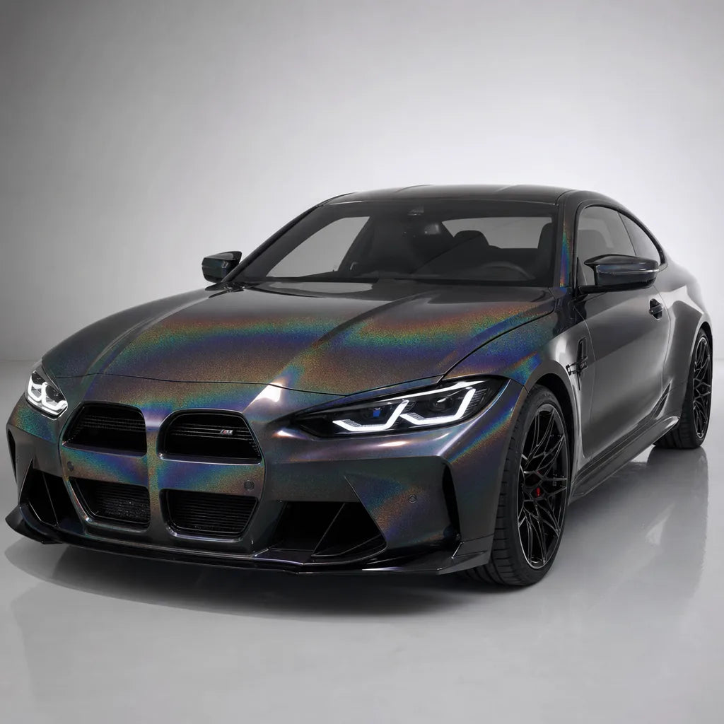 Metallic Rainbow Laser Light Grey gloss colored PPF wrapped on a BMW M4 | Veloro