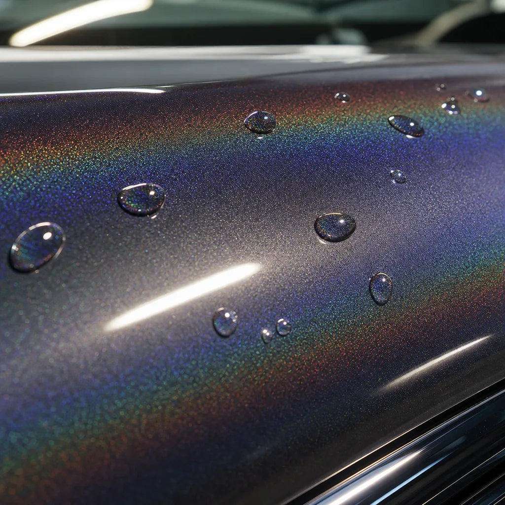 Close-up of Metallic Rainbow Laser Light Grey gloss colored PPF surface texture | Veloro