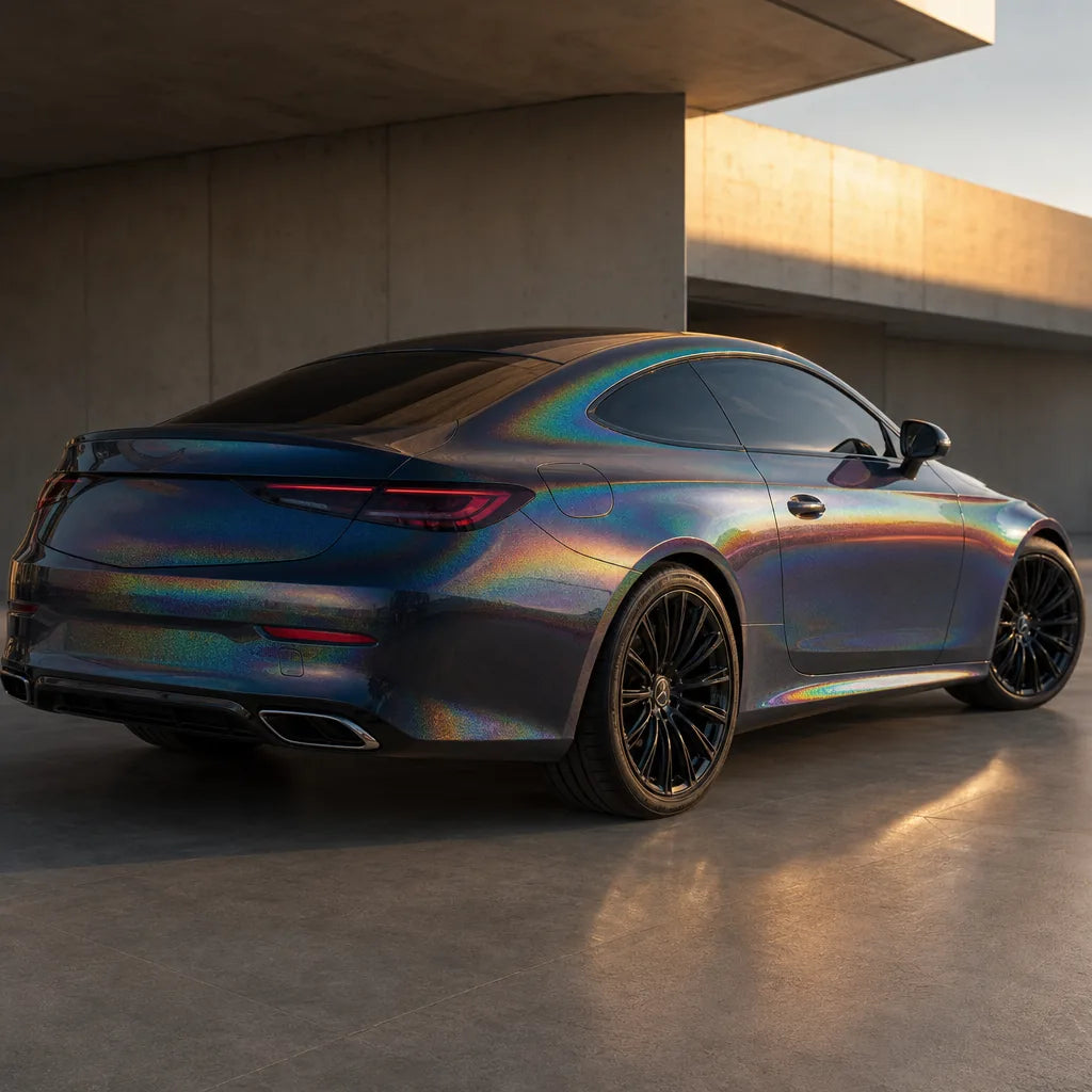 Luxury car wrapped in Metallic Rainbow Laser Light Grey gloss colored PPF at golden hour | Veloro