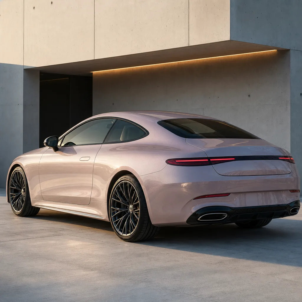 Luxury car wrapped in Metallic Rainbow Laser Light Pink gloss colored PPF at golden hour | Veloro