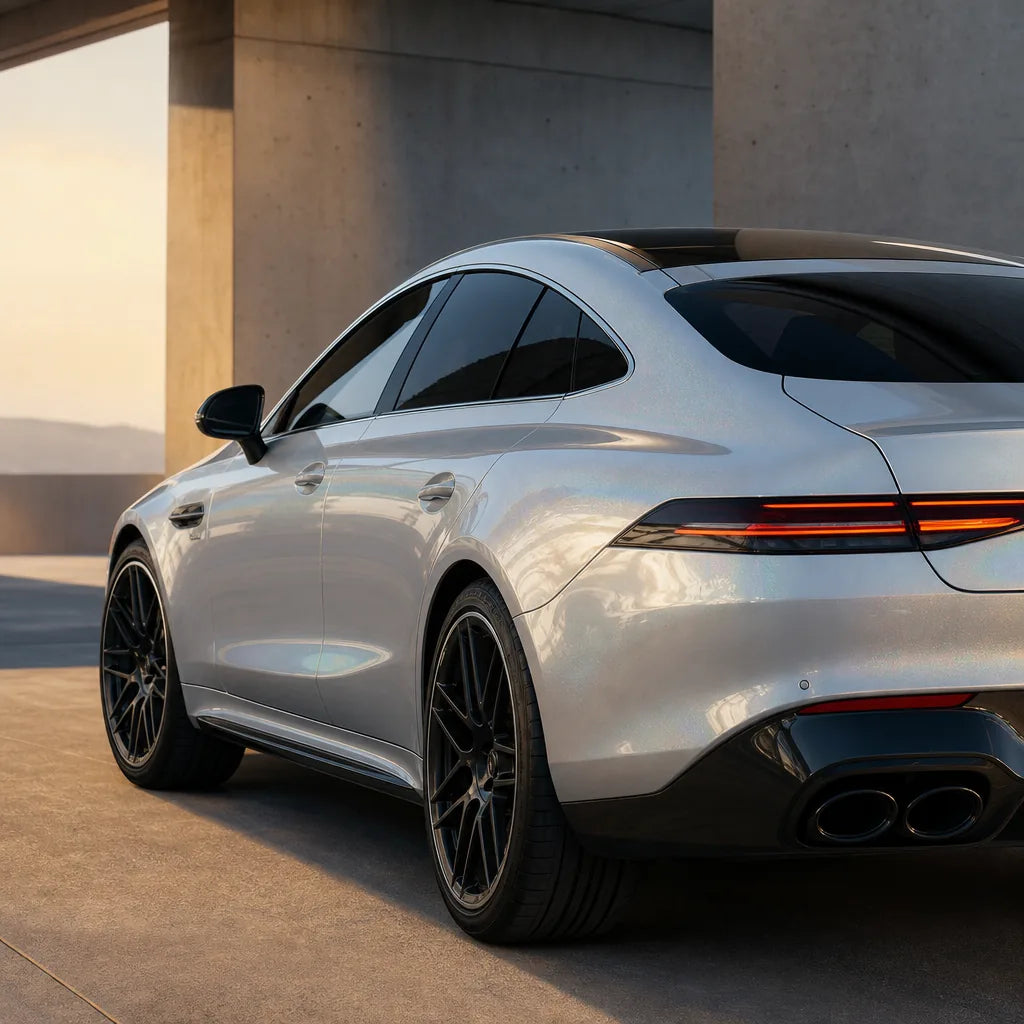 Luxury car wrapped in Metallic Rainbow Laser White gloss colored PPF at golden hour | Veloro