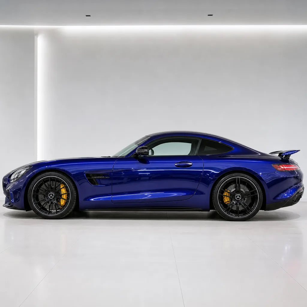 Metallic Royal Blue gloss colored PPF wrapped on a Mercedes-AMG GT side profile | Veloro